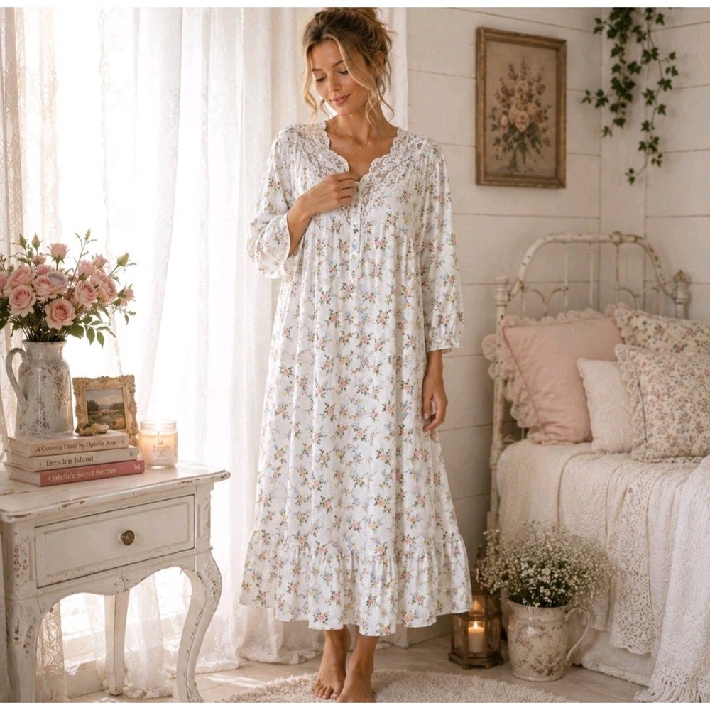 VTG Victoria's Secret Gold Label Cotton Nightgown L Floral Prairie Cottagecore